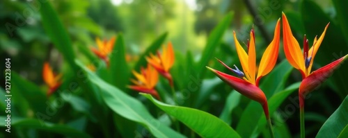 Colorful heliconia flowers in a lush green garden, foliage, floral, blooms