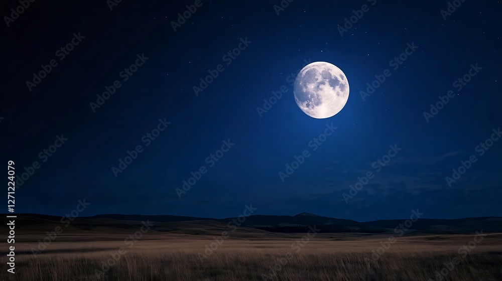 Fototapeta premium Bright full moon illuminating a tranquil landscape under a starry night sky : Generative AI