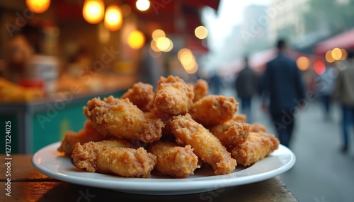 Golden fried chicken wings served on white plate at street food market stall. Crispy chicken snack on wooden table among crowd of people. Savory, delicious, crunchy take-away meal in truck.