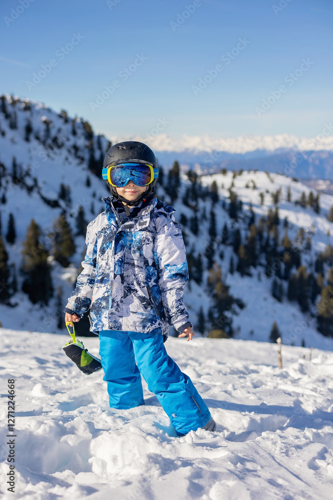 Children and adults, happy family in winter clothing at ski vacation, skiing, winter Children and adults, happy family in winter clothing at ski vacation, skiing, winter