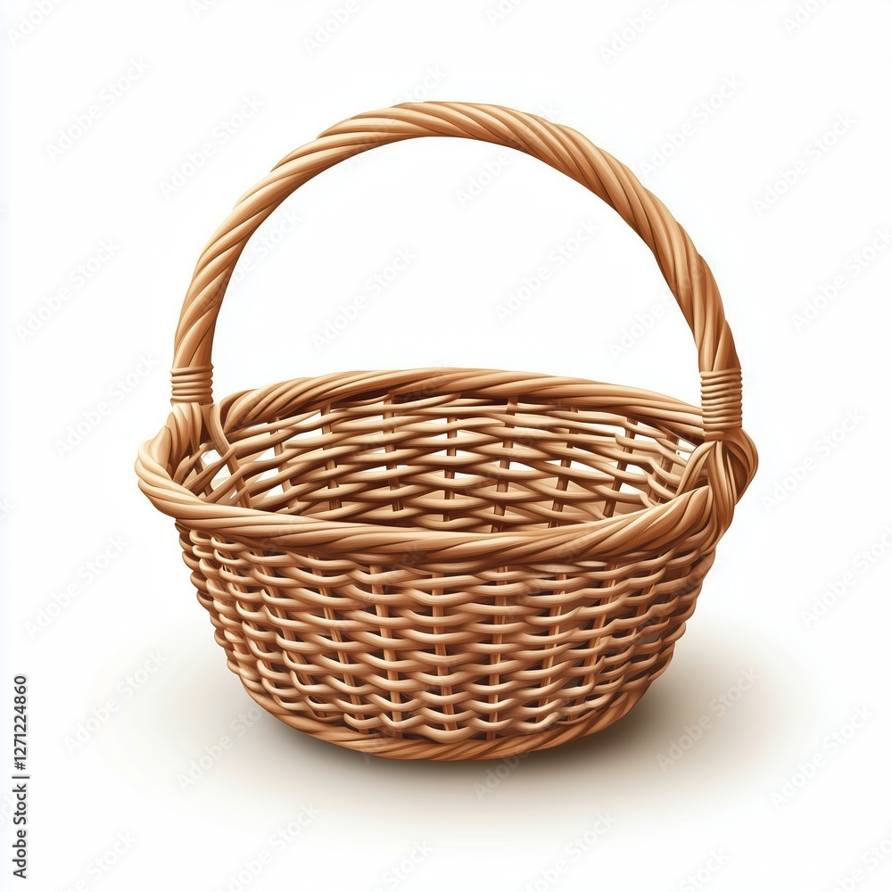 A wicker basket with a rounded handle, intricate texture, and natural brown color on a clean white background. A wicker basket with a rounded handle, intricate texture, and natural brown color on a clean white background.