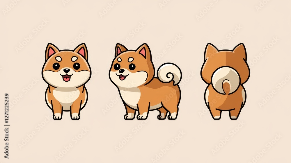 Fototapeta premium Cute Cartoon-Style Shiba Inu Character in Front, Side, and Back Views on a Light Beige Background Generative aI