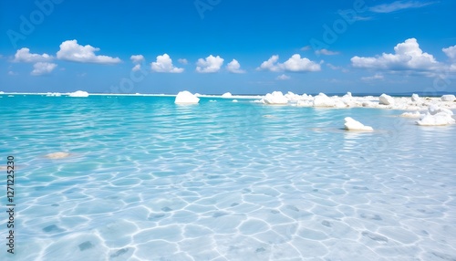 A serene landscape featuring the crystal-clear waters of a salt lake, surrounded by unique white salt formations. The scene includes gentle waves reflecting the vibrant blue sky and fluffy white cloud