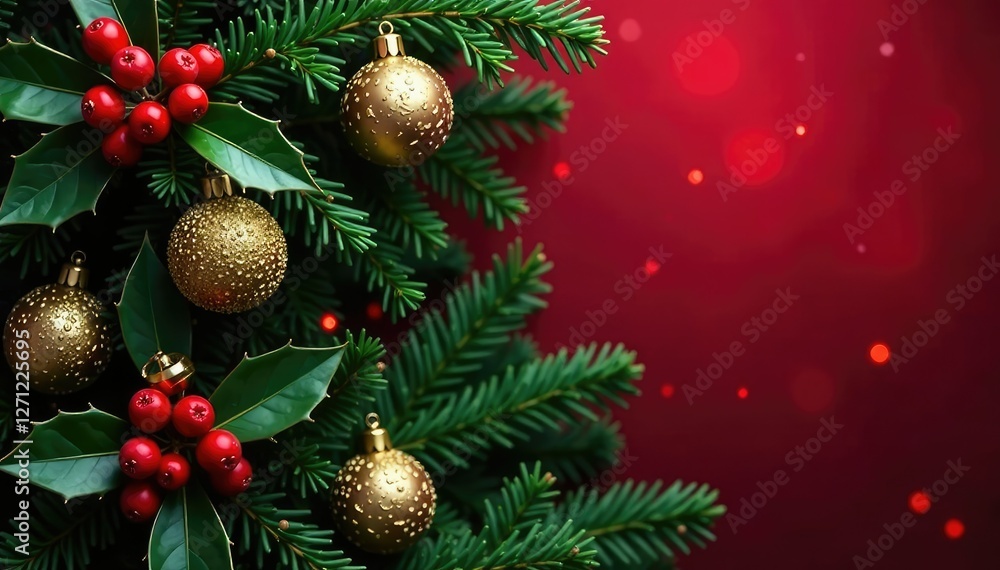 Fototapeta premium Evergreen holly branches adorned with red berries and golden ornaments against a classic red and green Christmas background, festive colors, holly leaves, evergreen trees