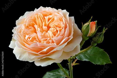 English rose David Austin in apricot shade close-up on black background. Generated by artificial intelligence.