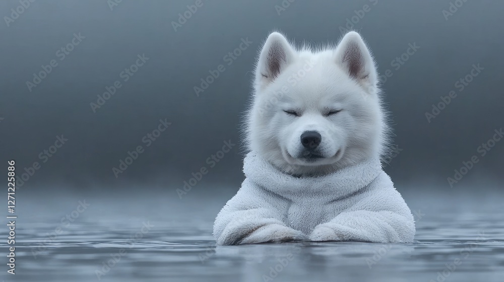 Fototapeta premium White dog in sweater, serene lake, foggy day, pet portrait