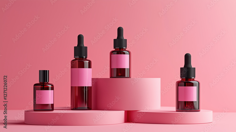 Elegant skincare product lineup featuring various dropper bottles on pink pedestals, showcasing modern aesthetic. vibrant colors create fresh and inviting atmosphere Elegant skincare product lineup featuring various dropper bottles on pink pedestals, showcasing modern aesthetic. vibrant colors create fresh and inviting atmosphere