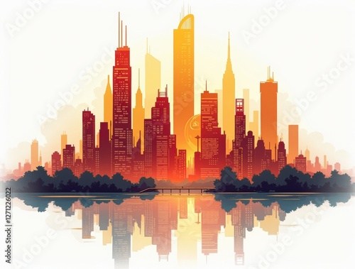 Cityscape of a Metropolis with Skyscrapers and Urban Landscapes at Sunset photo