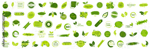 Set of organic, bio, healthy, vegan, natural green sticker
