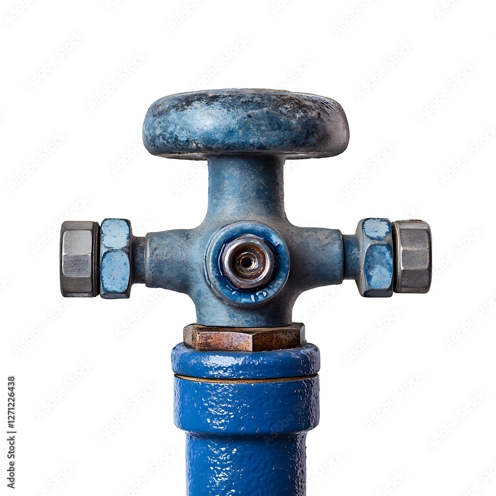 A blue and silver industrial valve, isolated on a white background. A blue and silver industrial valve, isolated on a white background.