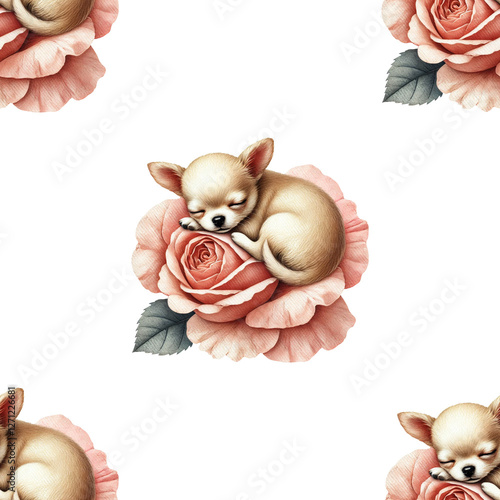 Seamless pattern of sleeping chihuahua puppy on rose flower on white isolated background photo