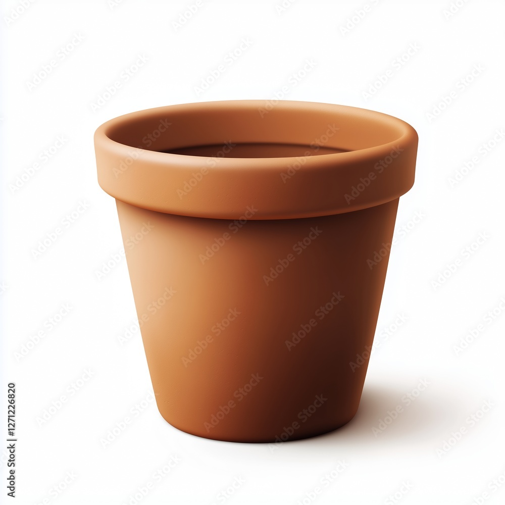 A realistic terracotta clay flower pot with a smooth surface, tapered shape, and rolled rim, isolated on a clean white background with perfect lighting. A realistic terracotta clay flower pot with a smooth surface, tapered shape, and rolled rim, isolated on a clean white background with perfect lighting.