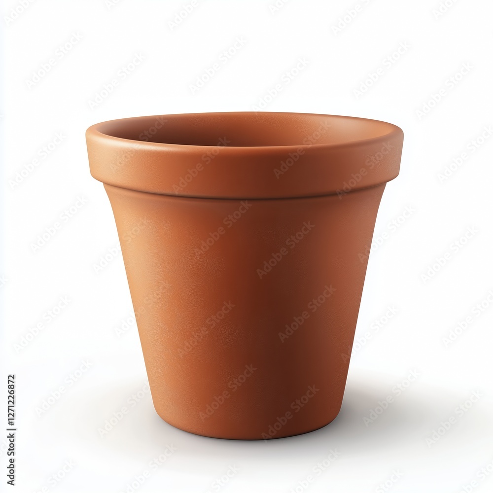 A realistic terracotta clay flower pot with a smooth surface, tapered shape, and rolled rim, isolated on a clean white background with perfect lighting. A realistic terracotta clay flower pot with a smooth surface, tapered shape, and rolled rim, isolated on a clean white background with perfect lighting.