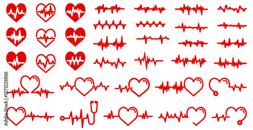 Set of red heartbeat pulse. Heartbeat icons collection