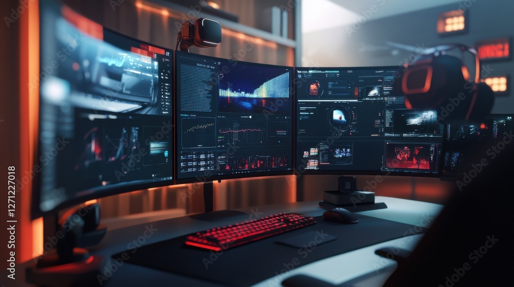 Fototapeta premium desk setup with multiple ultra-wide monitors 