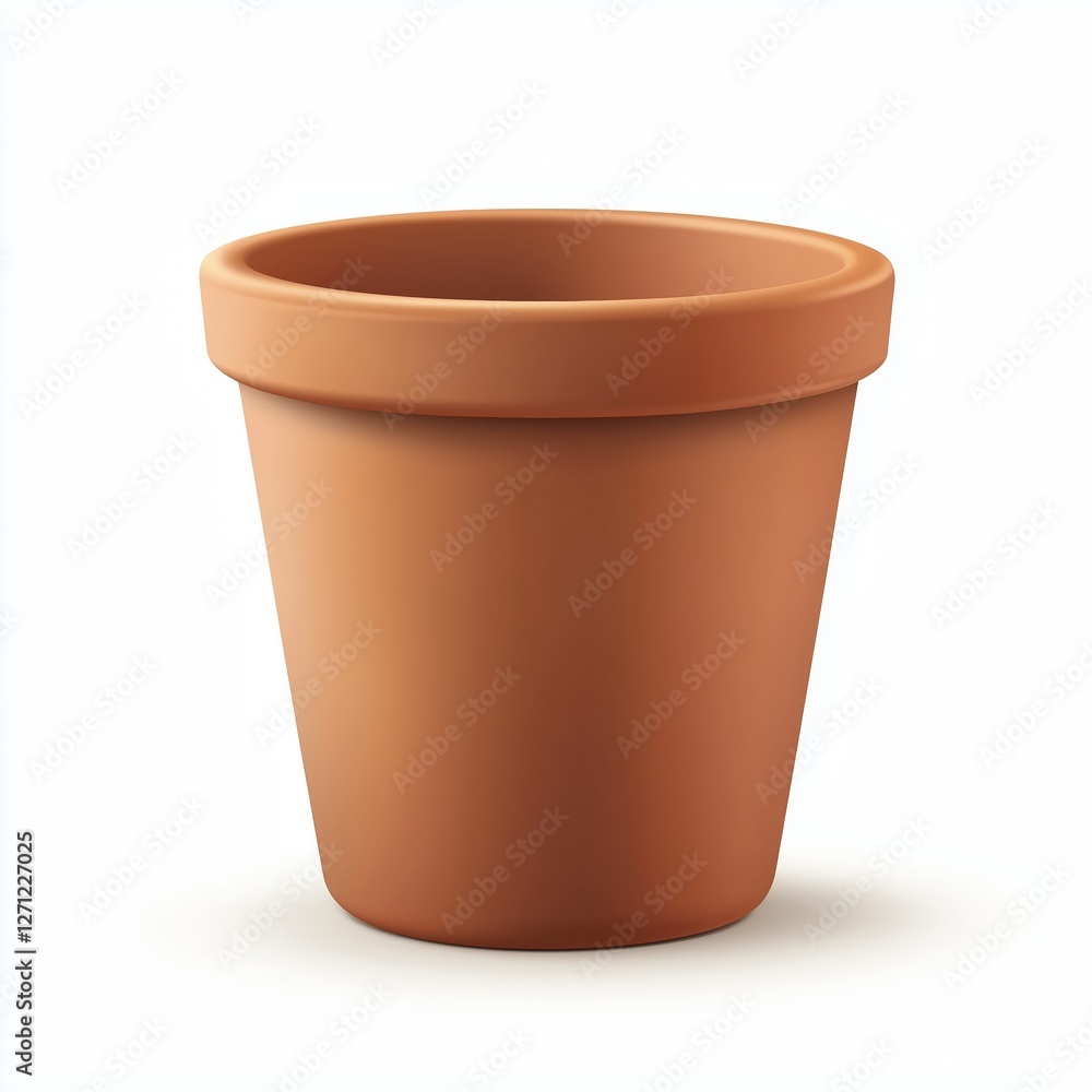 A realistic terracotta clay flower pot with a smooth surface, tapered shape, and rolled rim, isolated on a clean white background with perfect lighting. A realistic terracotta clay flower pot with a smooth surface, tapered shape, and rolled rim, isolated on a clean white background with perfect lighting.