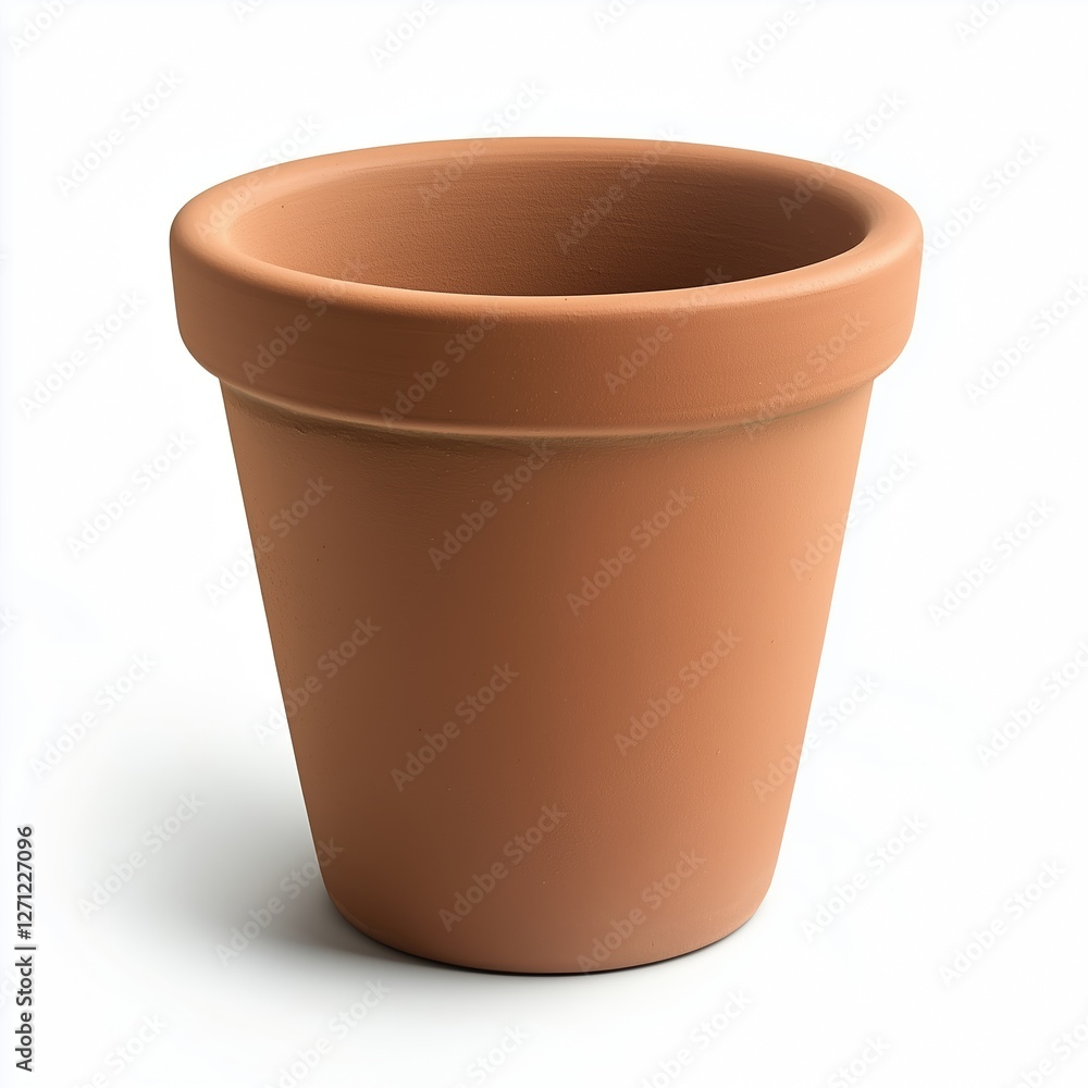 A realistic terracotta clay flower pot with a smooth surface, tapered shape, and rolled rim, isolated on a clean white background with perfect lighting. A realistic terracotta clay flower pot with a smooth surface, tapered shape, and rolled rim, isolated on a clean white background with perfect lighting.