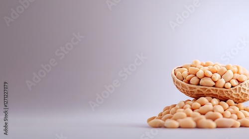 A close-up of a peanut shell with scattered peanuts on a soft, neutral background photo