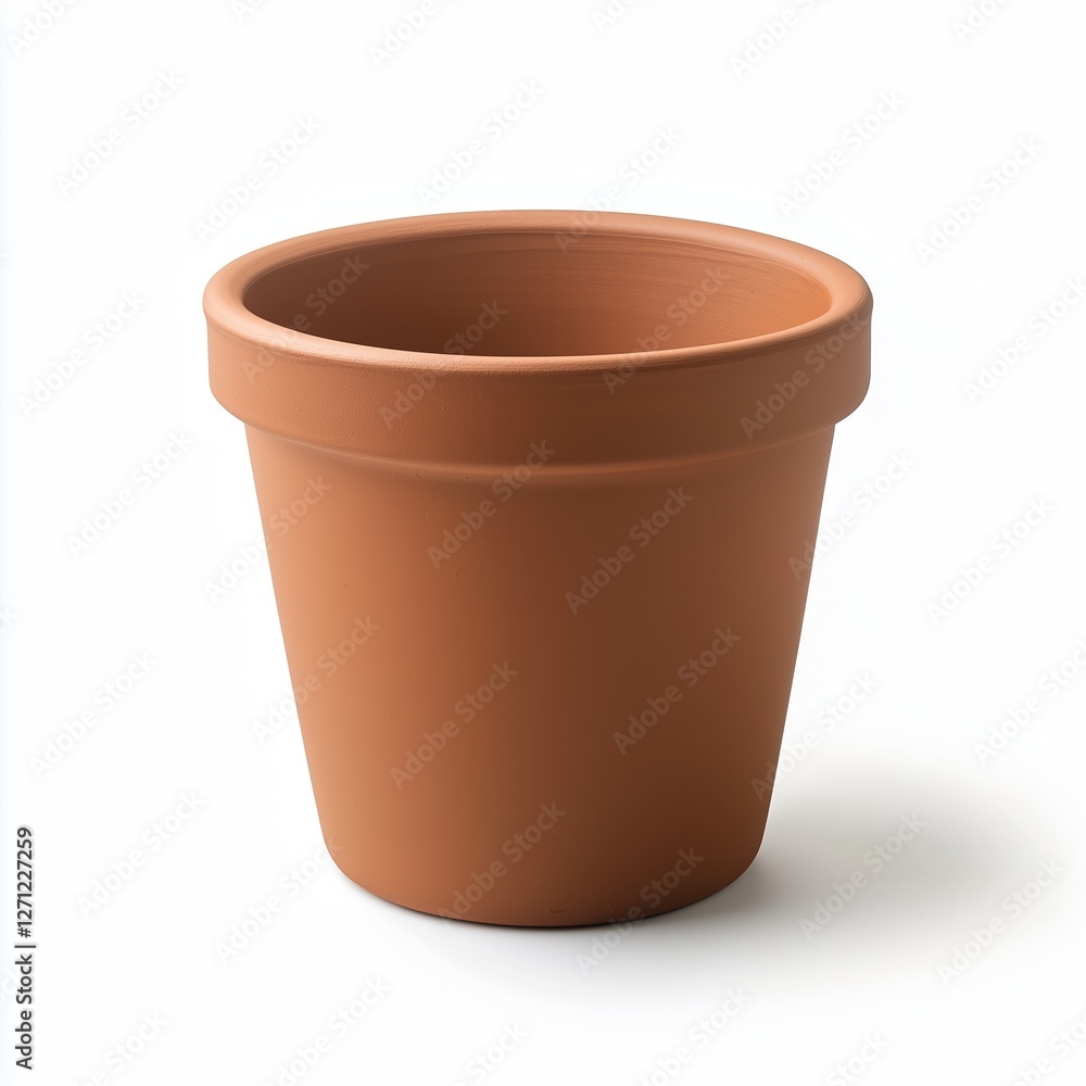 A realistic terracotta clay flower pot with a smooth surface, tapered shape, and rolled rim, isolated on a clean white background with perfect lighting. A realistic terracotta clay flower pot with a smooth surface, tapered shape, and rolled rim, isolated on a clean white background with perfect lighting.