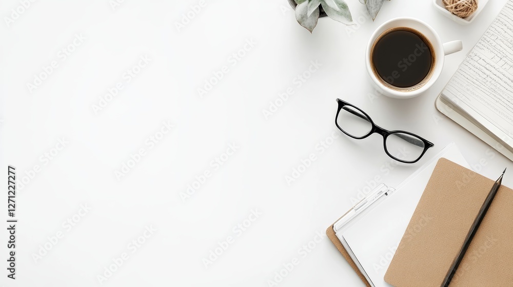 Creative Workspace Mockup with Cup Glasses and Notebooks on White Background Creative Workspace Mockup with Cup Glasses and Notebooks on White Background