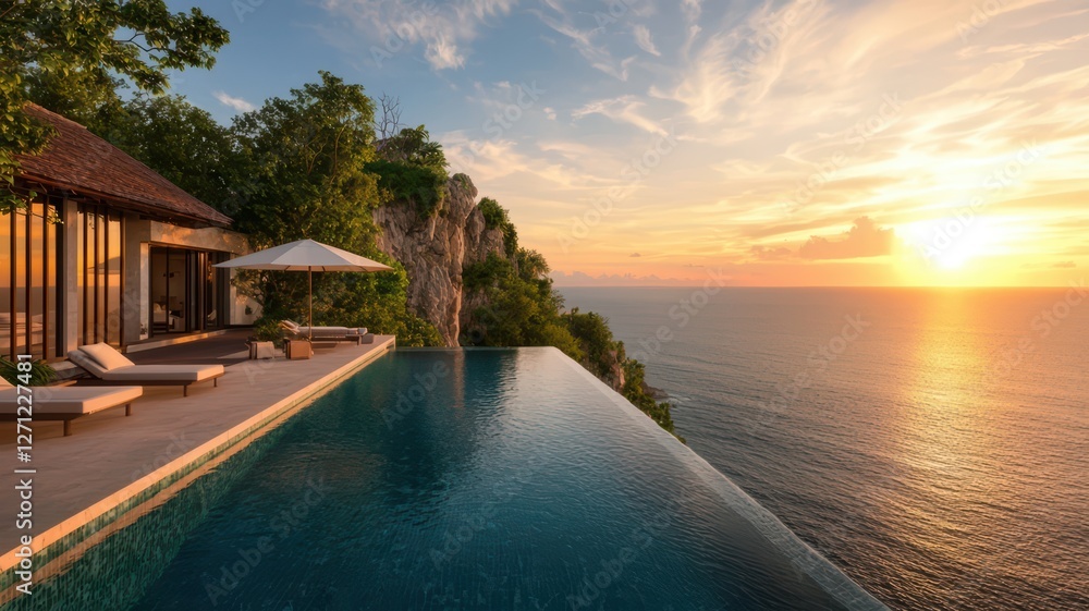 A stunning infinity pool overlooking the ocean during a vibrant sunset, surrounded by lush greenery and elegant outdoor furnishings. A stunning infinity pool overlooking the ocean during a vibrant sunset, surrounded by lush greenery and elegant outdoor furnishings.