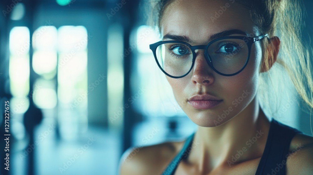 Myopia prevention with a woman wearing glasses doing aerobics in a gym. Wellness, fitness, and eye health Myopia prevention with a woman wearing glasses doing aerobics in a gym. Wellness, fitness, and eye health