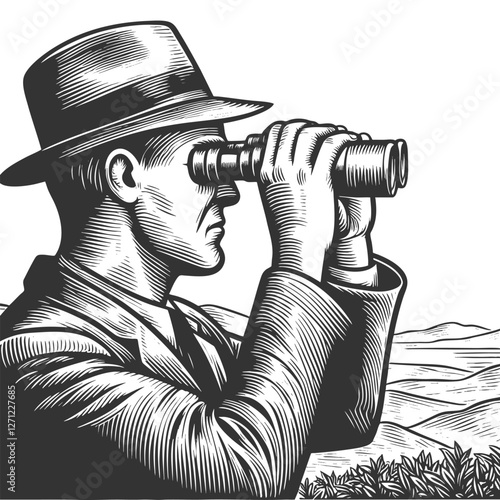 Vintage Gentleman Looking Through Binoculars