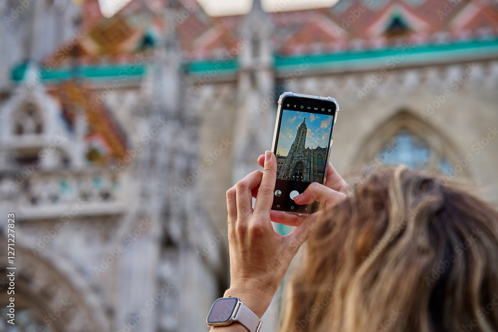 Female tourist capturing photo of historic cathedral in Budapest using smartphone. Traveler walking at city street