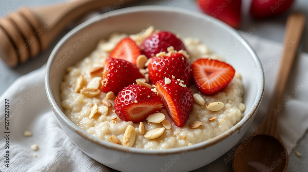 A bowl of warm oatmeal topped with fresh strawberries (whole and sliced), almonds, and drizzled with honey. A wooden spoon and a linen napkin are also in the frame. A bowl of warm oatmeal topped with fresh strawberries (whole and sliced), almonds, and drizzled with honey. A wooden spoon and a linen napkin are also in the frame.