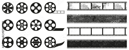 Strip reel of film icon collection. Filmstrip icons. Black film reel with film strip icons