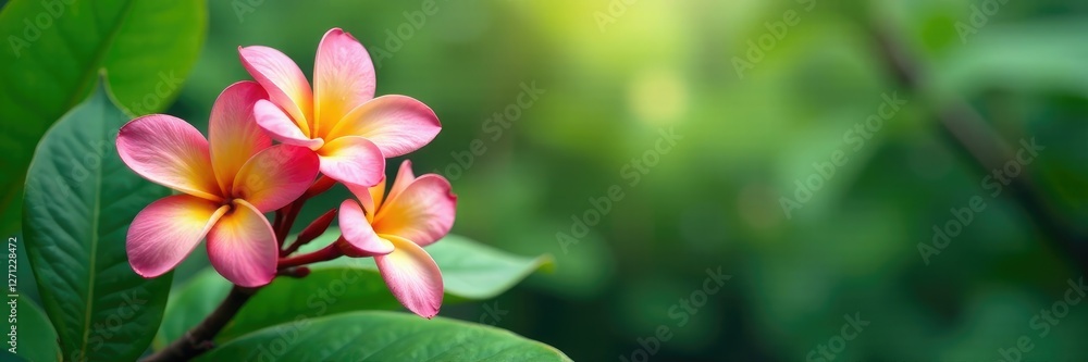 Fototapeta premium Plumeria flowers with delicate water droplets and soft focus background, greenery, soft focus, leafy
