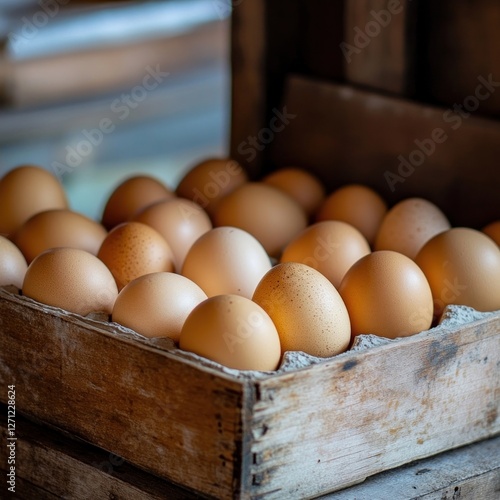 eggs neatly arranged in a wooden basket, softly lit by the morning sun