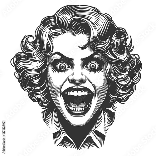 Wallpaper Mural woman with wide eyes and an open mouth, conveying excitement, shock, or madness in a vintage style sketch engraving generative ai raster illustration. Scratch board imitation. Black and white image. Torontodigital.ca