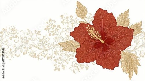 Red Hibiscus Flower with Gold Leaves and Floral Background Design