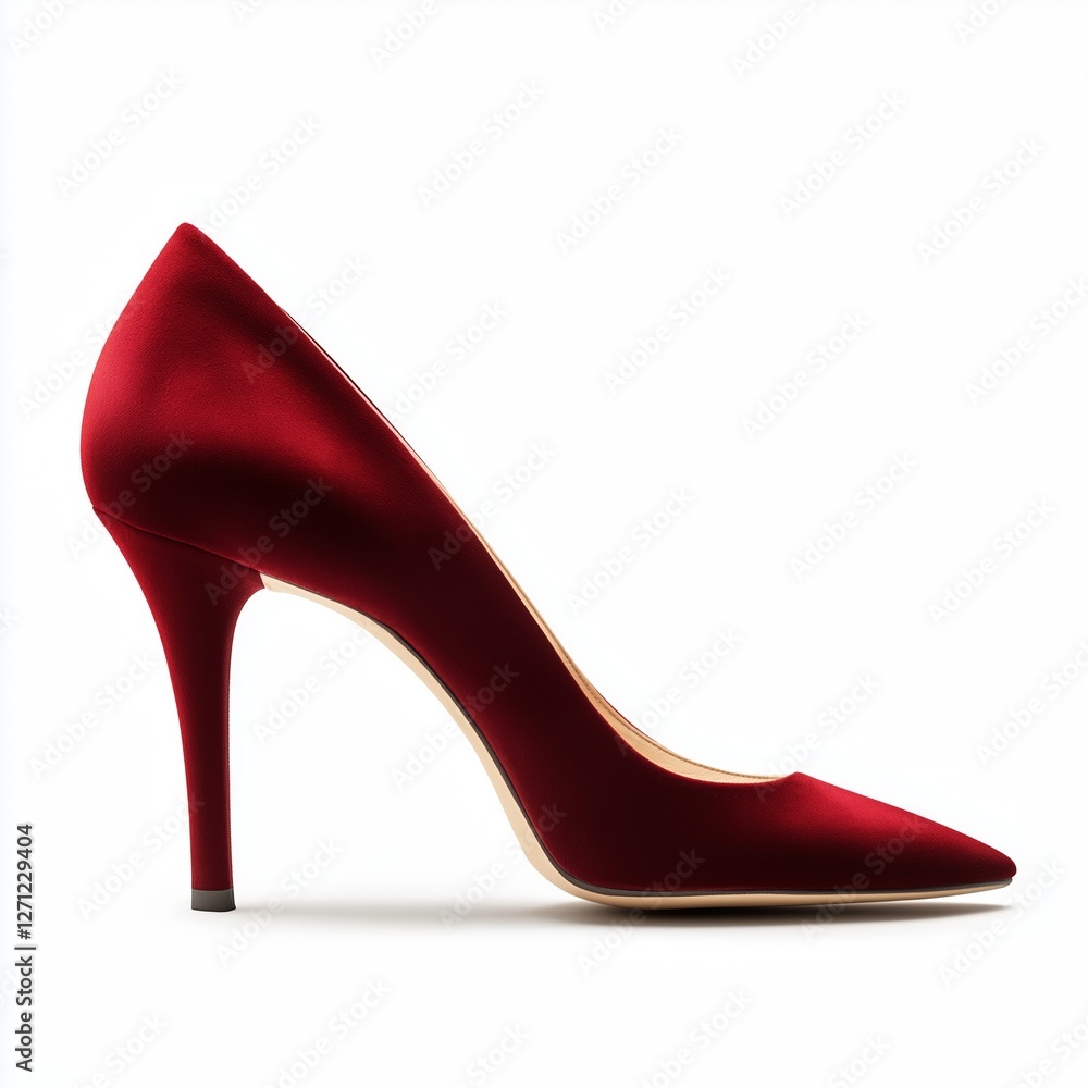 Obraz premium A single elegant red suede high-heeled pump pointed toe slim stiletto heel soft velvety texture deep red color beige leather interior side profile pure white background.