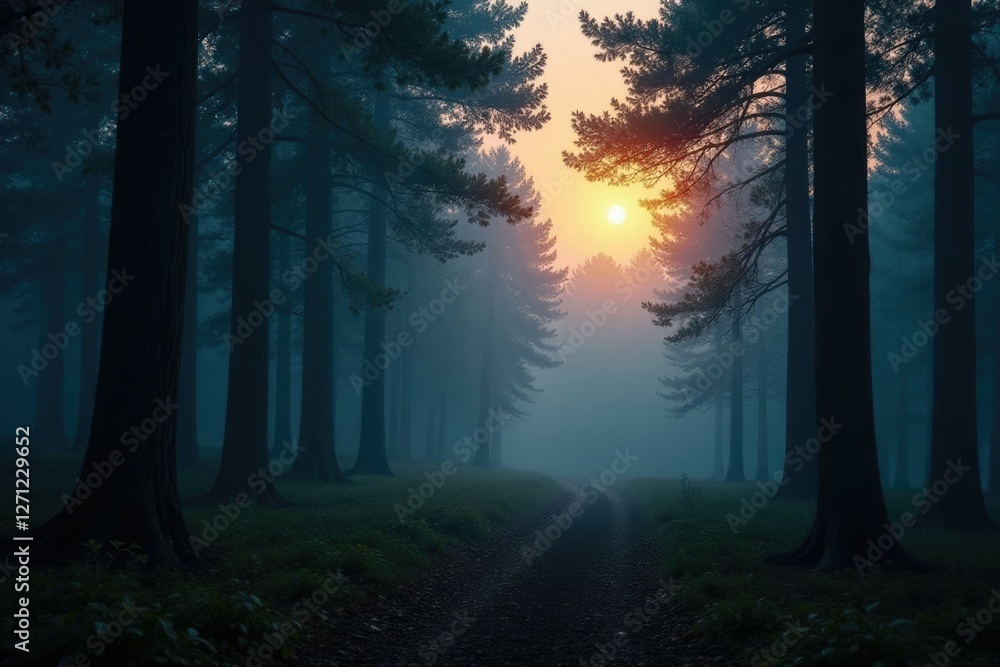 Obraz premium Serene forest at dusk with misty fog and soft lighting, tranquility, peaceful evening, misty forest