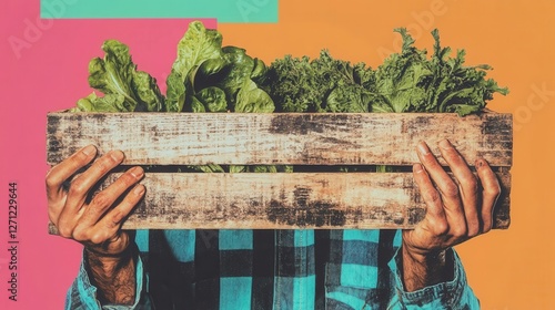 Fresh vegetables in a crate promoting healthy eating. photo