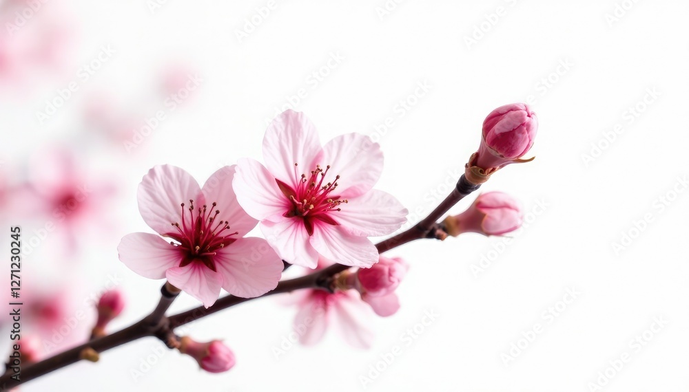 Fototapeta premium Single blooming cherry twig with pink petals on white background, blossom, closeup, springtime