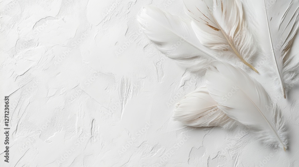 Obraz premium Feathers Gracefully Arranged on Soft White Surface with Copy Space