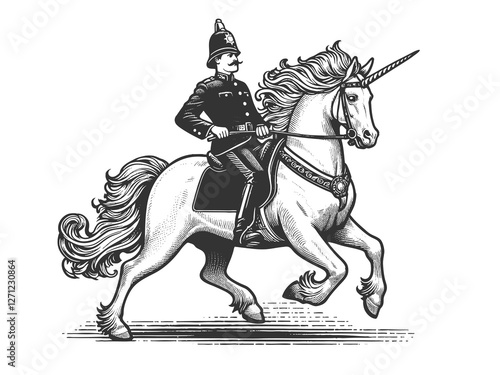 uniformed police officer riding a galloping unicorn, blending realism with fantasy in a humorous and imaginative artistic style sketch engraving generative ai raster. Scratch board. Black and white.