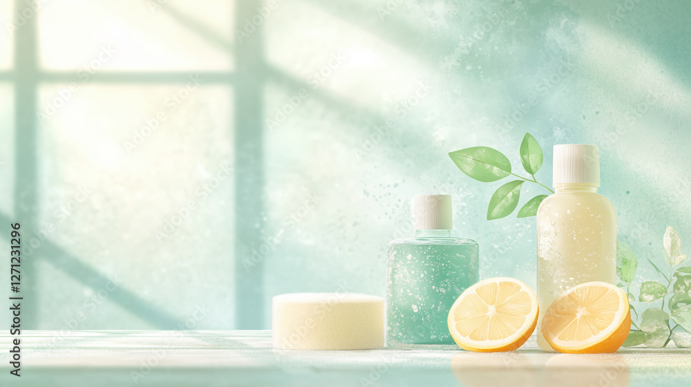 Elegant skincare products with lemon and greenery in serene setting Elegant skincare products with lemon and greenery in serene setting