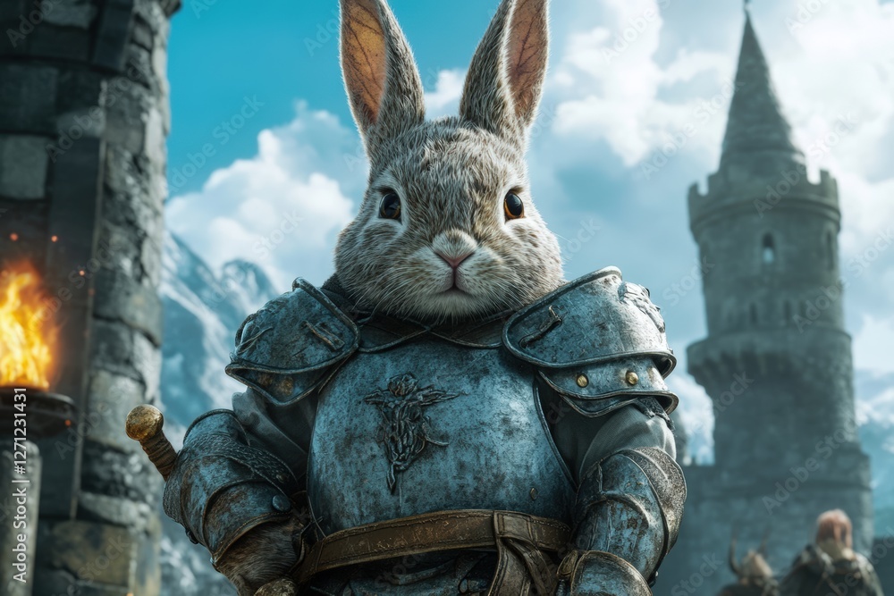 Fototapeta premium Armored rabbit warrior in fantasy castle setting with sword