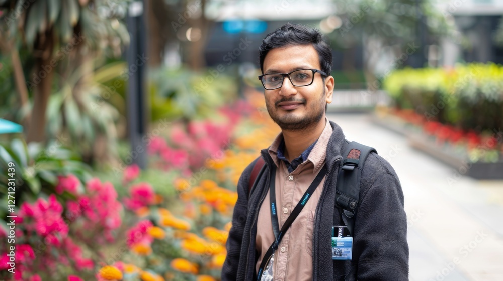 Fototapeta premium A young man with glasses poses in a colorful flower garden filled with bright blooms and lush greenery during daytime in an urban park setting