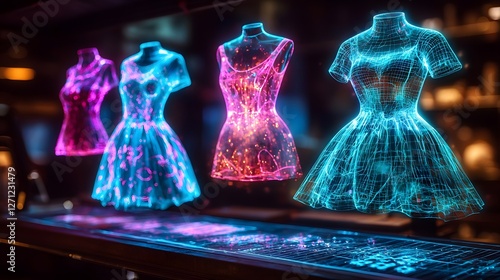 Innovative fashion studio showcasing futuristic holographic dresses and garments suspended in mid air creating a captivating and ethereal digital display of cutting edge design and technology