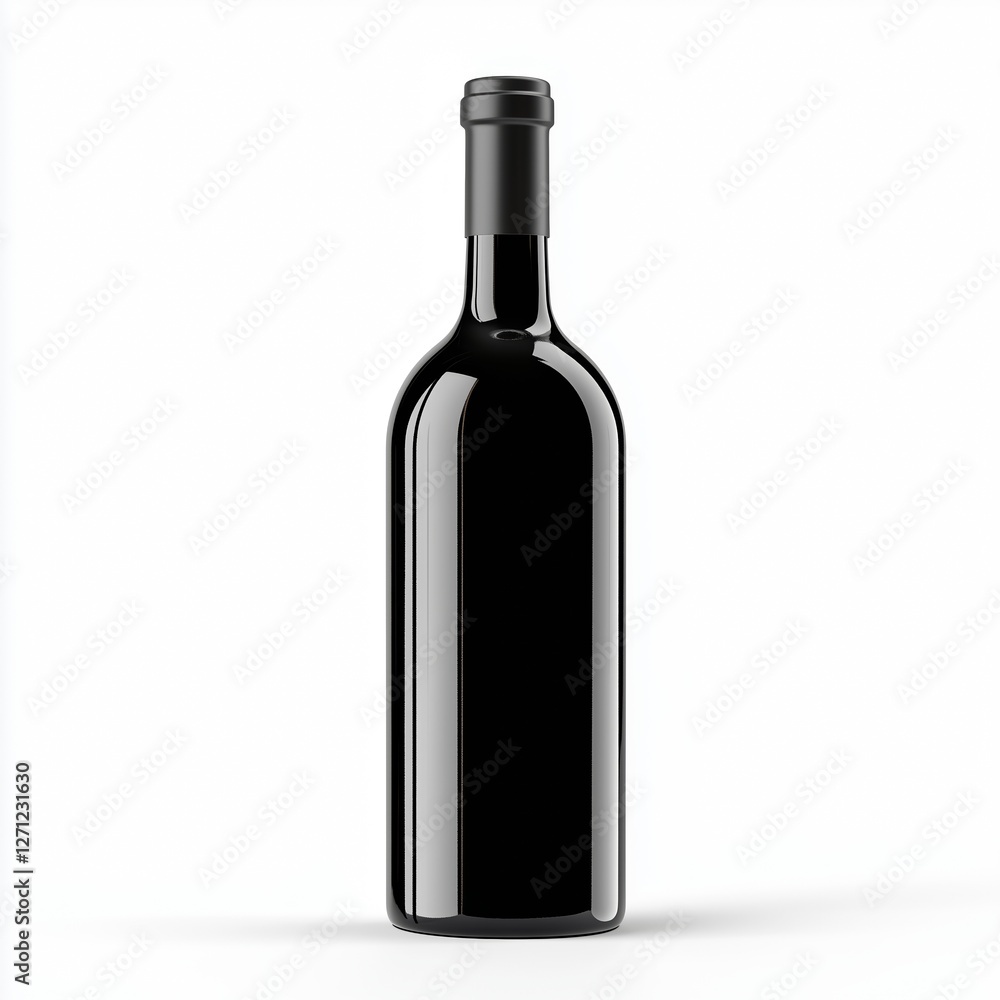 A sleek elegant black wine bottle smooth glossy surface minimalist design black foil capsule no label front-facing pure white background. A sleek elegant black wine bottle smooth glossy surface minimalist design black foil capsule no label front-facing pure white background.