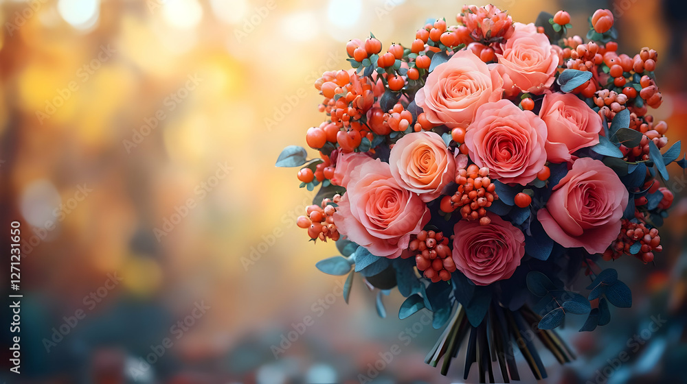 Beautiful Pink Rose Bouquet With Berries In Autumn Setting Beautiful Pink Rose Bouquet With Berries In Autumn Setting