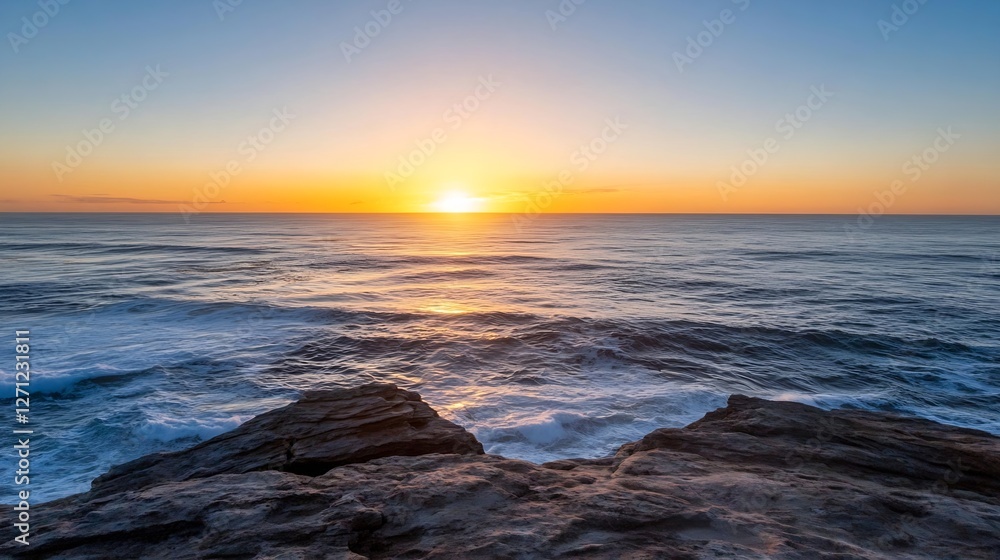Obraz premium Breathtaking view of the sun setting over a tranquil ocean with gentle waves crashing on rocky shore : Generative AI