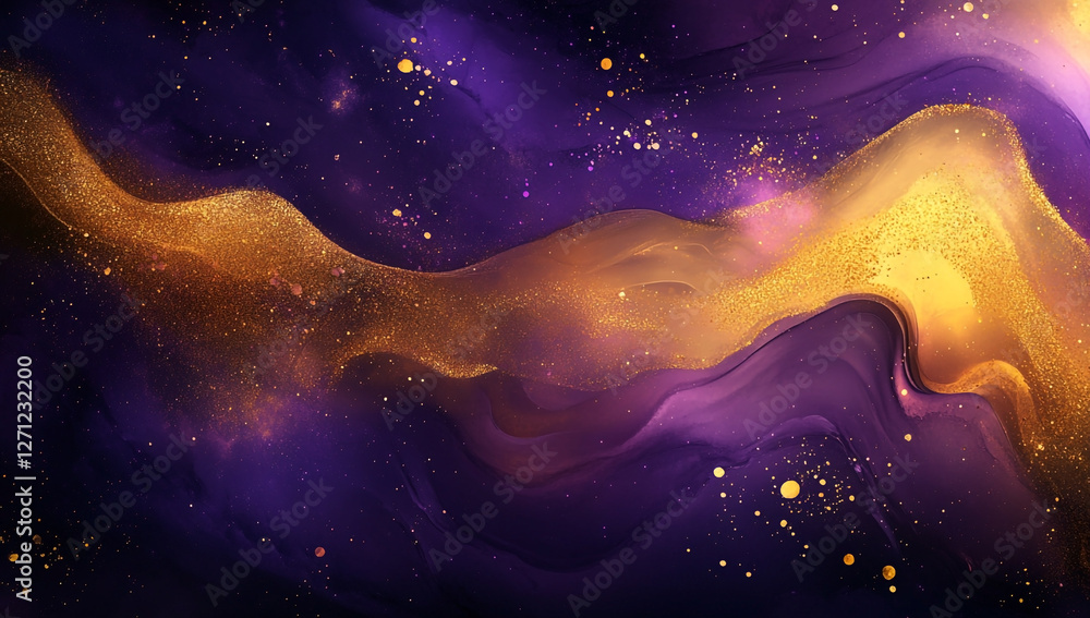 Obraz premium Elegant Abstract Purple and Yellow Marble Background with Fluid Swirls and Glitter Effect