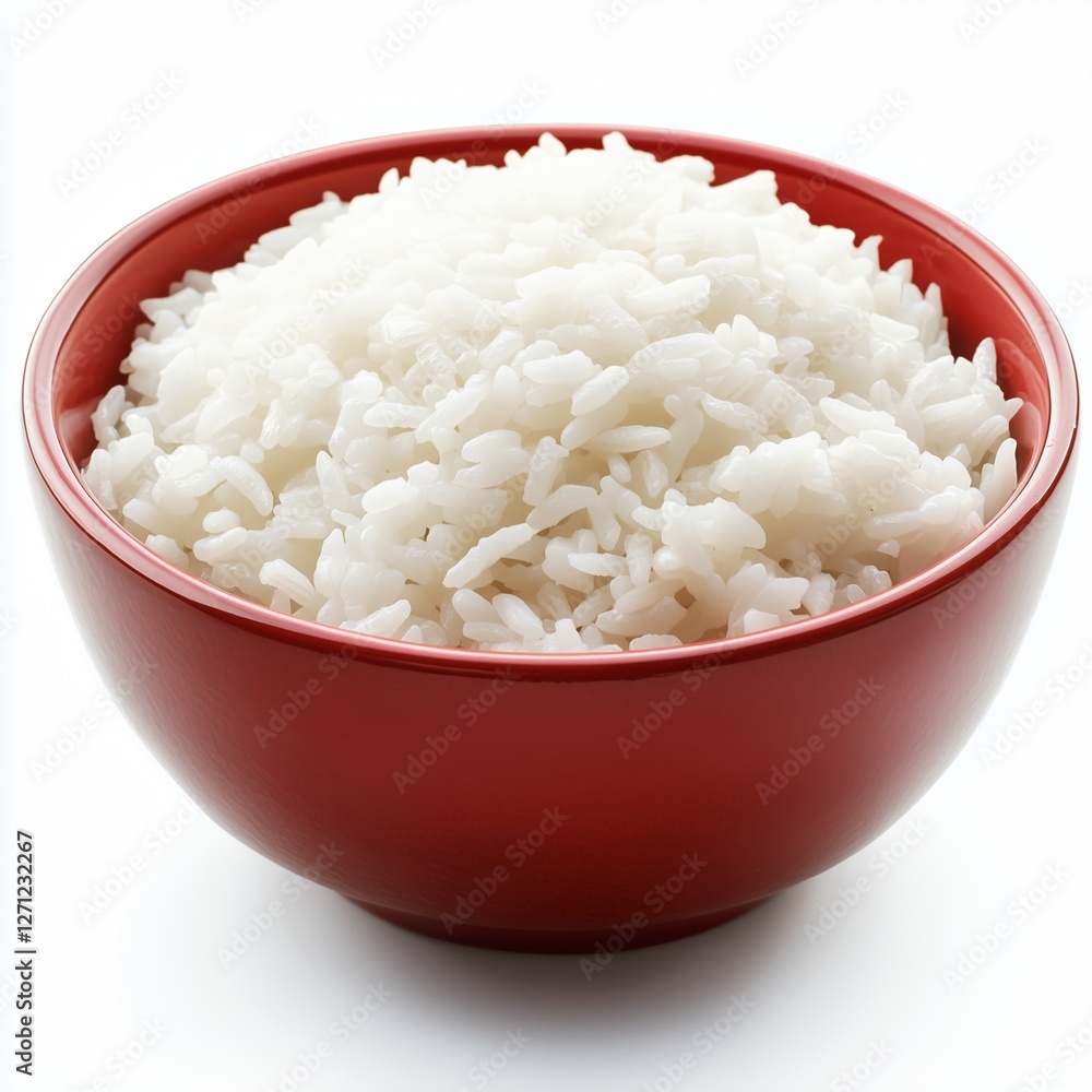 A steaming bowl of fluffy white rice in a vibrant red ceramic bowl glossy rice grains smooth curved shape deep red hue pure white background. A steaming bowl of fluffy white rice in a vibrant red ceramic bowl glossy rice grains smooth curved shape deep red hue pure white background.