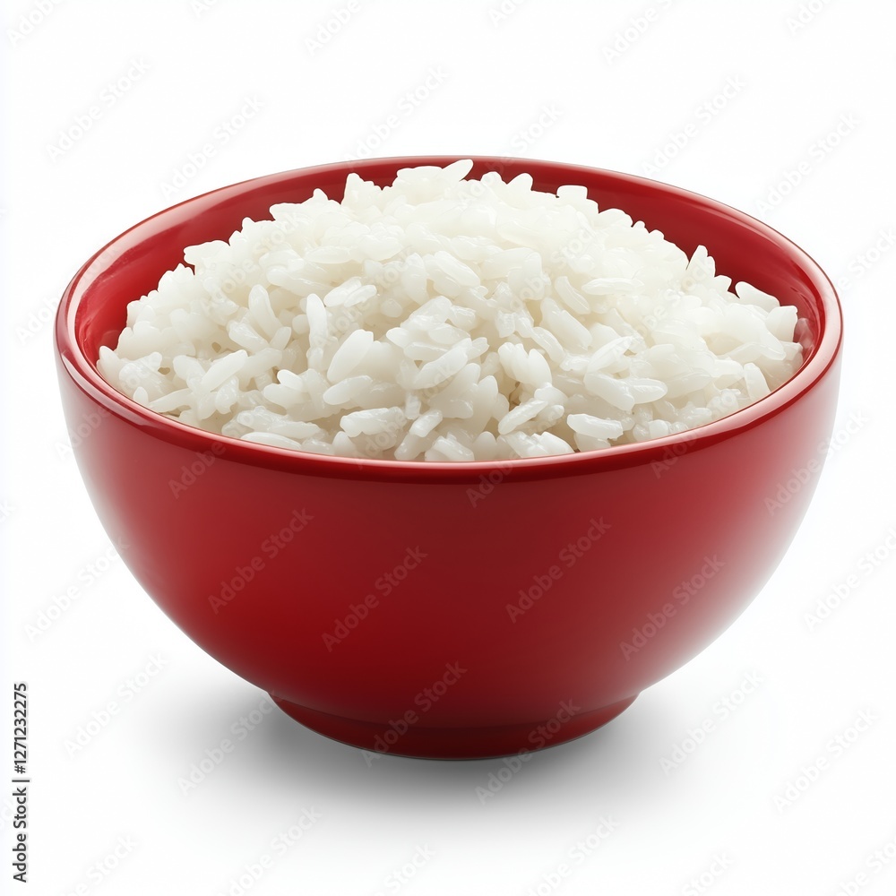 A steaming bowl of fluffy white rice in a vibrant red ceramic bowl glossy rice grains smooth curved shape deep red hue pure white background. A steaming bowl of fluffy white rice in a vibrant red ceramic bowl glossy rice grains smooth curved shape deep red hue pure white background.